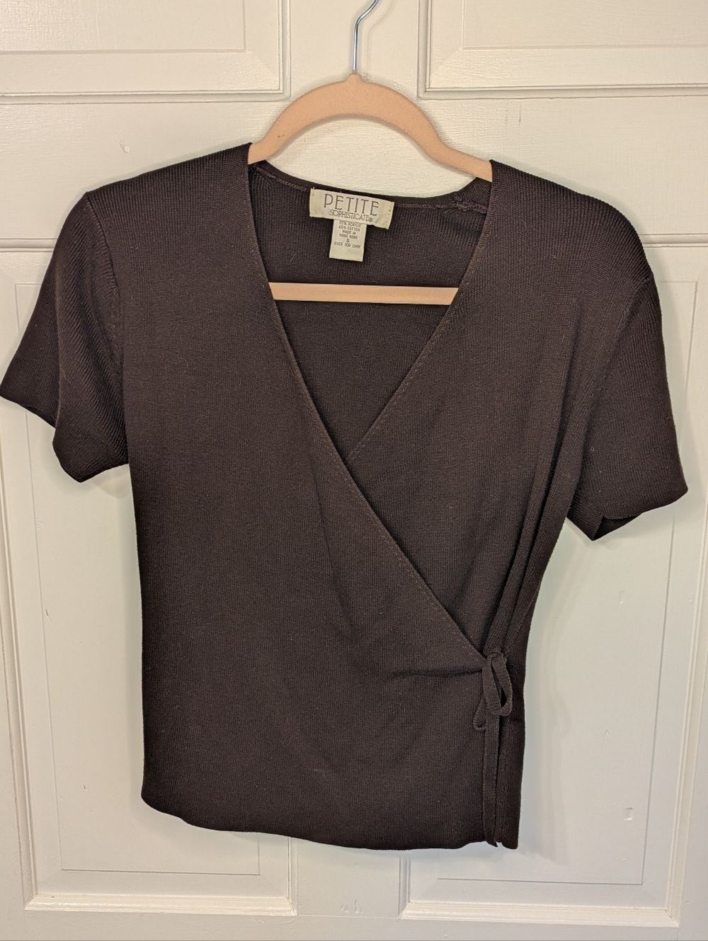 Petite Sophisticate Vintage Knit Short Sleeve Surplice Wrap Top in Dark Brown